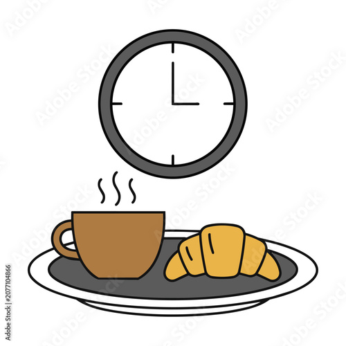 Steaming coffee cup with a croissant on a plate and a wall clock in a minimalist flat design cafe breakfast concept