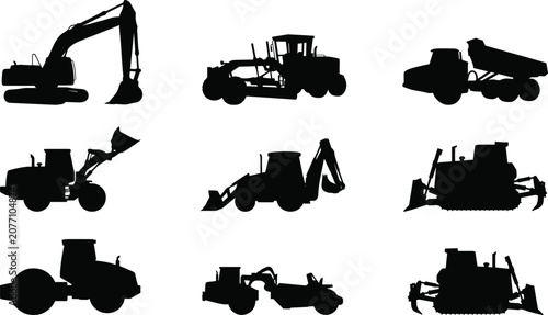 Canvastavla Heavy Construction Machinery Silhouette Icon Collection Featuring Excavators Bul