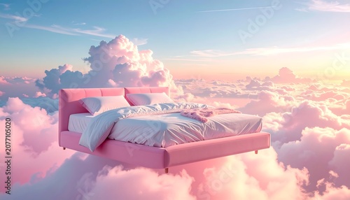 Whimsical floating pink bed drifting high in the sky among soft white clouds during gentle morning light. A dreamy surreal concept perfect for creative advertising, mental wellness branding