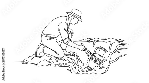 Tableau sur toile Archaeologist carefully excavating ancient pottery with brush, outdoor dig site,