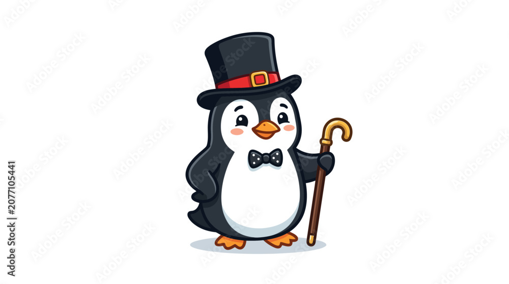 Obraz premium Cartoon penguin in top hat and bow tie with cane