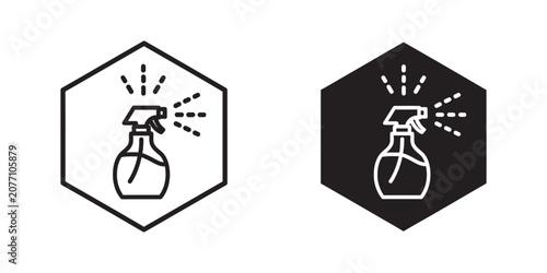Foto Set of spray bottle icons in hexagonal frames for cleaning and sanitizing produc