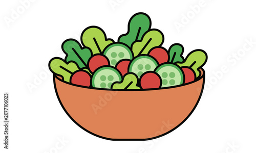 Stylized icon of a fresh salad with crisp lettuce, cherry tomatoes, and cucumber in a ceramic bowl, isolated on a pure white background. Healthy eating concept
