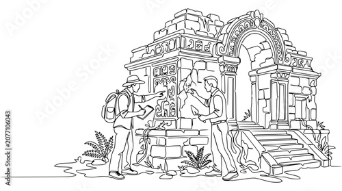 Fotografie Archaeologists examining ancient ruins, sketching historical stone structure