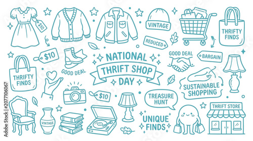 Cuadro en lienzo National Thrift Shop Day illustration with various items like clothes, lamps, and a shopping cart, promoting sustainable shopping and unique finds