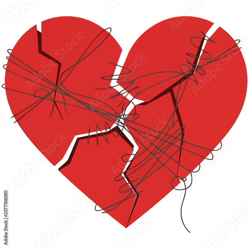 Bild auf Leinwand Broken heart symbol concept with stitched repairs on white background, stitched