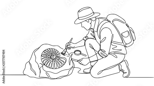 Obraz na plátně Paleontologist excavating ancient ammonite fossil with brush and tools, adventur