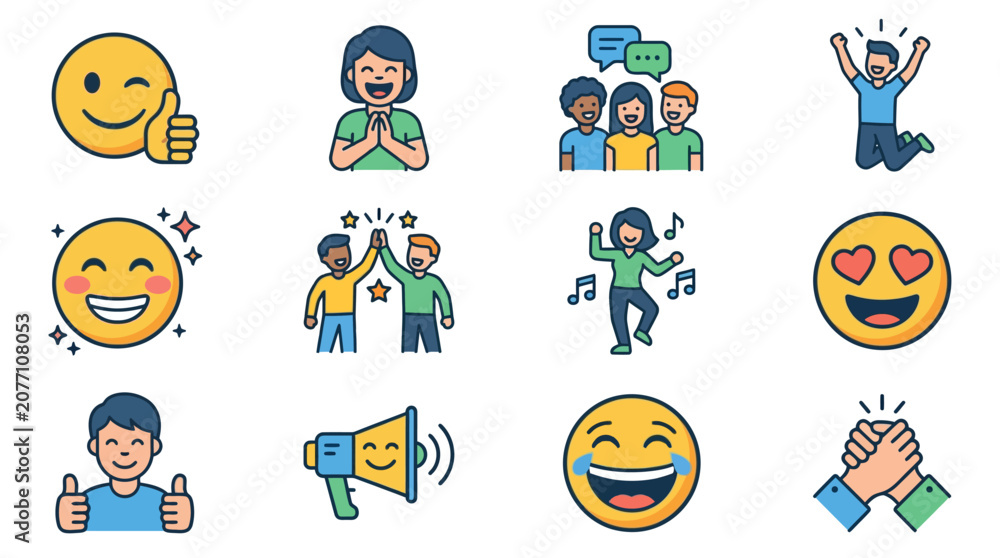 Fototapeta premium Creative Set of Colorful Flat Design Icons Showing Positive Emotions Celebrations and Social Interactions
