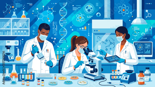 Scientists in Lab: Research, Experiment, Science and Innovation Concept Illustration