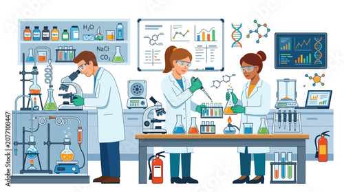 Scientists in lab, conducting research, chemistry experiments