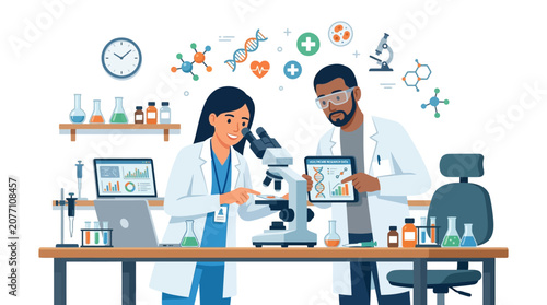 Scientists in Lab Studying Biology, Medical Research Illustration