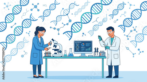 Scientists in Lab Researching DNA and Genetic Code Illustration