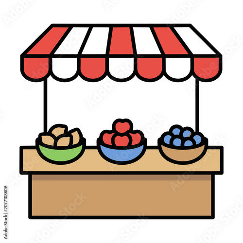 A stylized market stall icon featuring a wide striped awning and three fruit baskets, isolated on a white background, local commerce concept