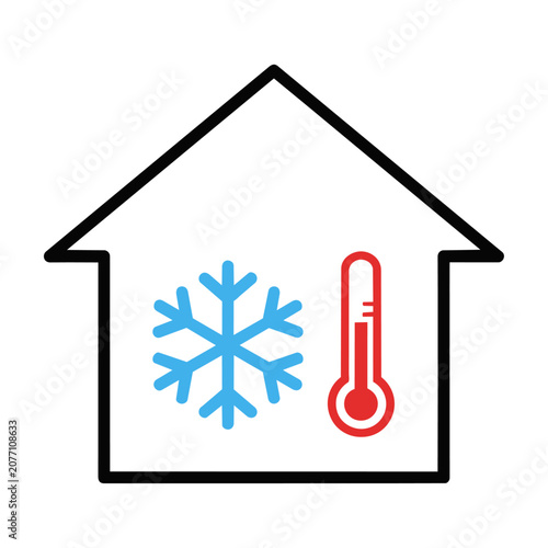 Minimalist house icon with a snowflake and thermometer symbol representing seasonal temperature control and home energy efficiency climate comfort concept