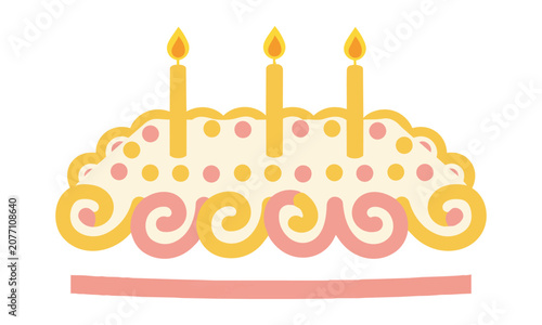 Rectangular birthday cake with four lit candles and stylized frosting swirls in soft cream and pink festive celebration concept