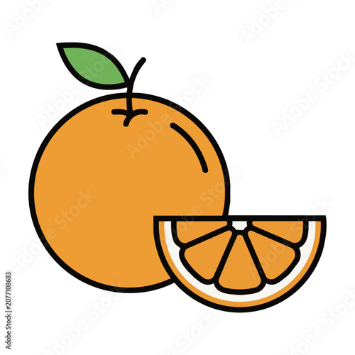 Minimalist line art icon of a fresh orange fruit with a green leaf and a citrus wedge slice on a white background, healthy food concept