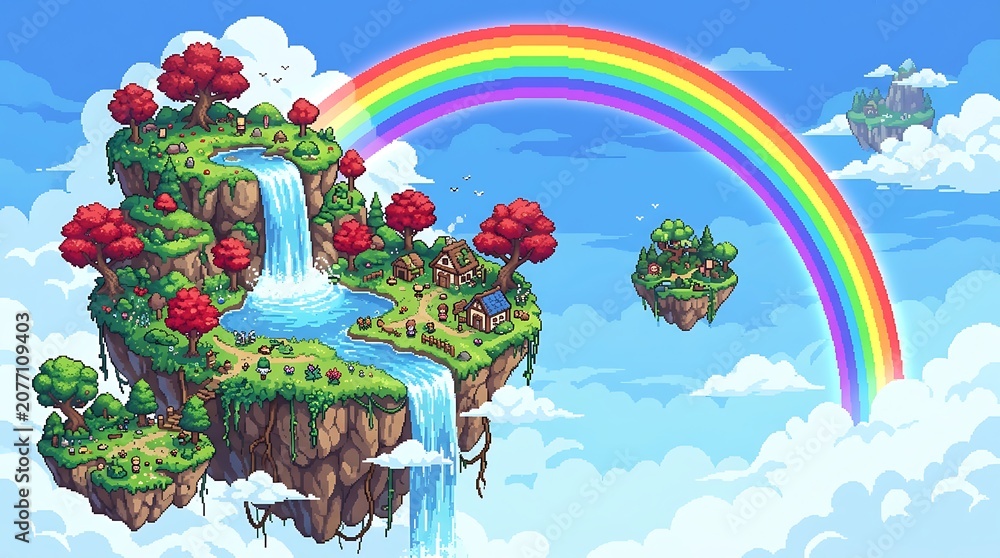 Naklejka premium Pixel art fantasy landscape with floating islands and rainbow