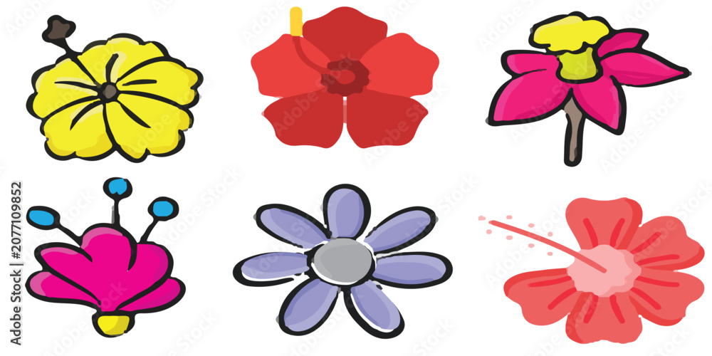 Obraz premium Beautiful flat colorful vector illustration set featuring blooming red hibiscus and purple daisy flowers for bright spring and summer botanical graphic design