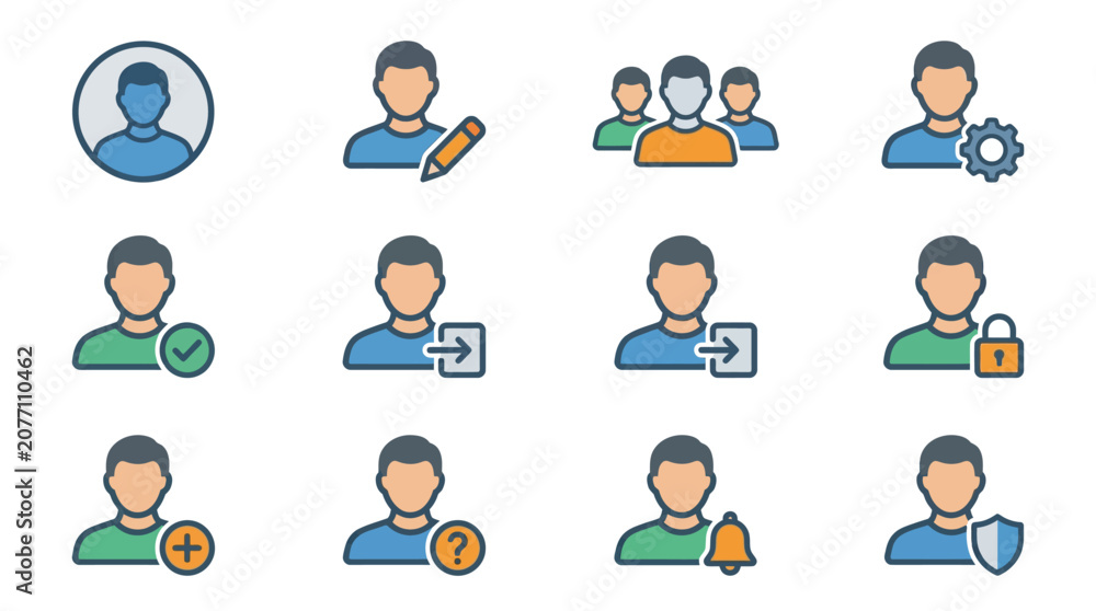Fototapeta premium Dynamic Icons Set Showing User Roles and Actions with Symbols Pencils Gear Locks and Alerts in Flat Design