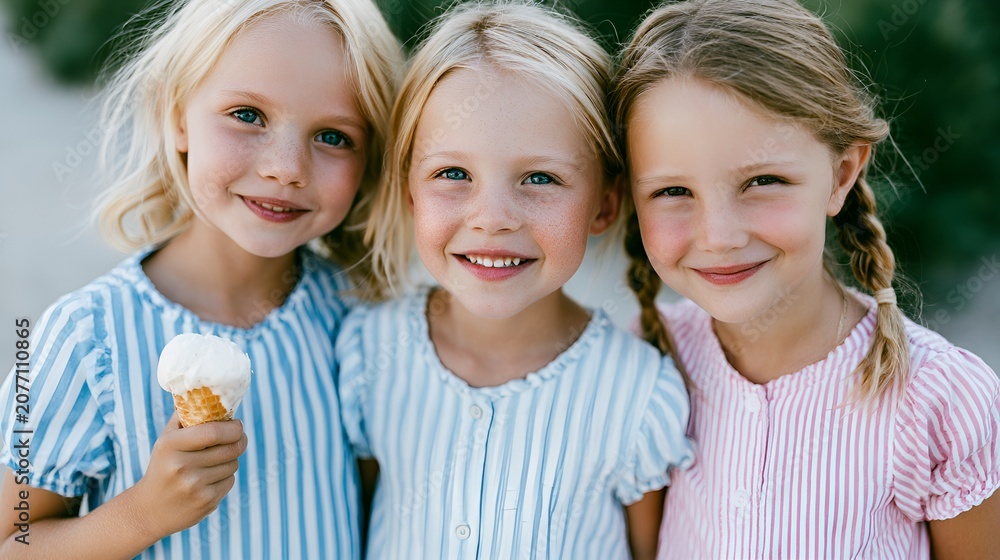 Fototapeta premium Three happy girls enjoying ice cream outdoors in bright sunlight