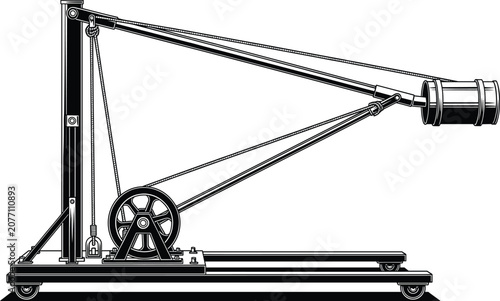 Canvas-taulu Black silhouette of medieval trebuchet catapult mechanism with counterweight and