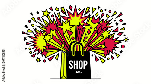 Shopping bag with colorful stars and comic book explosion effect
