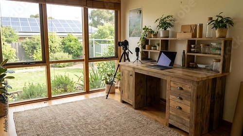 Wood desk with laptop and camera set up in bright room with garden view