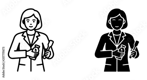 Pharmacist Holding Medicine Bottle and Spoon, Healthcare Professional Icon Set
