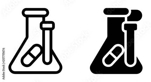Medical Flask and Pill Icons, Pharmaceutical Research Laboratory Test Tubes, Healthcare Science Vector Graphics
