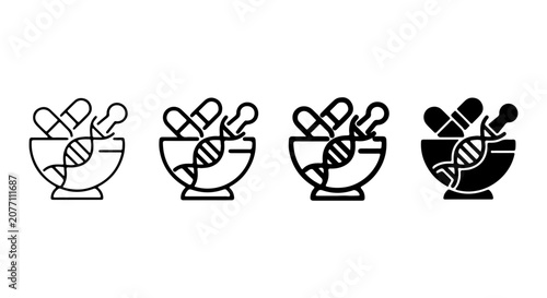 Medical Mortar and Pestle Icons, DNA Helix and Capsule Symbols, Pharmaceutical Research Vector Set