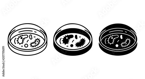 Microbiology Petri Dish Icons, Bacteria Culture Vector Set, Scientific Research Lab Equipment
