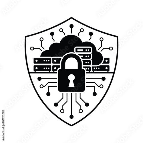 Cybersecurity Cloud Server Protection Shield Silhouette Vector with Secure Data Center Lock Network Infrastructure Illustration