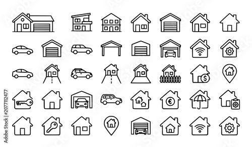 Obraz na płótnie House with Garage and Car Outline Icon Set EPS10