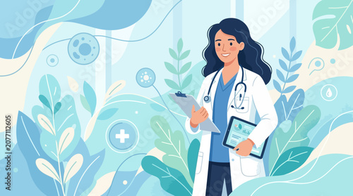 Smiling female medic in a medical environment with plant illustrations