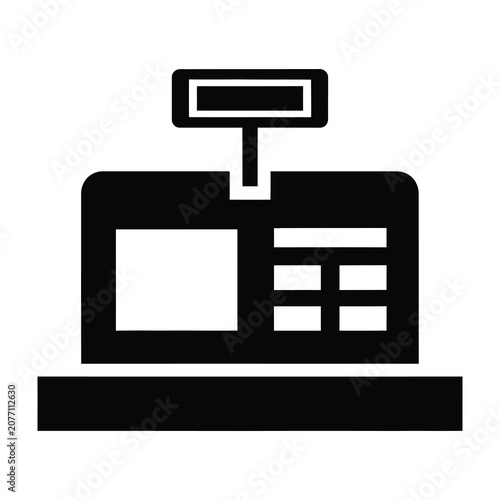 Black cash register icon on white background, simple design