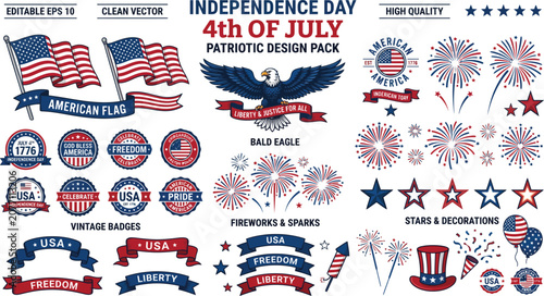 Bild auf Leinwand Independence day fourth of july elements pack featuring american flags stars fes