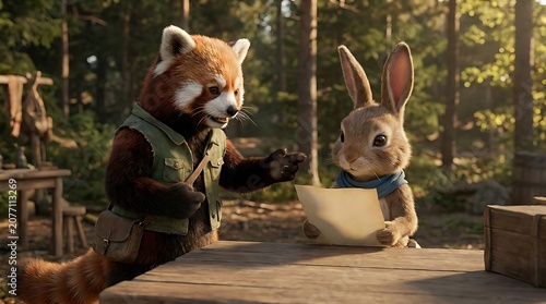 Woodland creatures discussing document outdoors