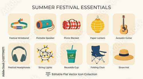 Summer Festival Gear Collection Featuring Essential Outdoor Accessories and Camping Supplies for Music Events and Social Gatherings