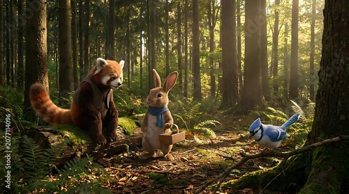Woodland creatures gather in sunlit forest clearing with blue jay