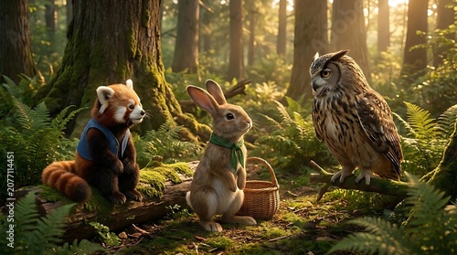 Woodland creatures gathering in sunlit forest clearing nature scene