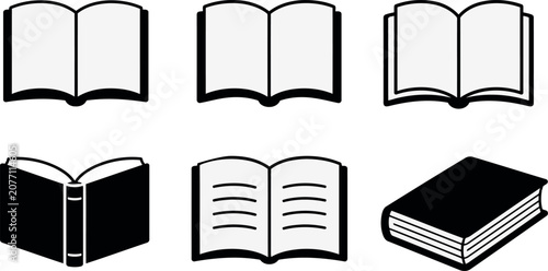 Open and closed book icon set in black outline style