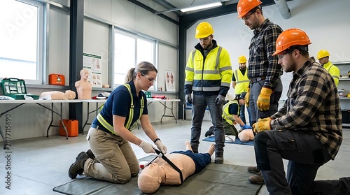 Workplace safety training session with medical dummy and diverse group