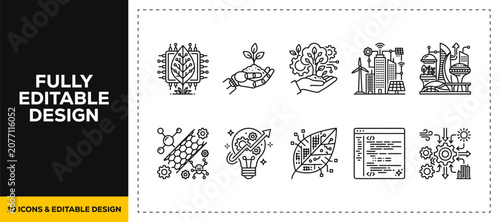 flat vector illustration line art icon bundle set design representing urban green city architecture technology ecology sustainability smart environment building app ui