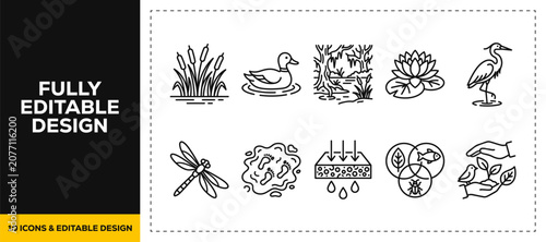 flat vector illustration line art icon bundle set design featuring wetland ecosystem swamp marsh duck bird nature ecology biodiversity environment flora fauna app ui