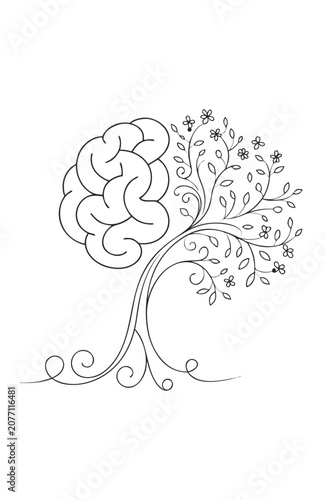 A black line drawing of a tree with a brain for a trunk and flowers growing