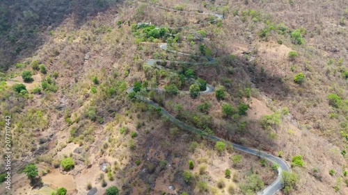 Beautiful drone view of Wilson Hills located in Gujarat-India, A high resolution aerial drone photograph of a winding mountain road featuring
multiple hairpin bends through a dry deciduous forest