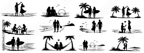 Photography Beach romance silhouette, Collection of romantic couple silhouettes on the tropical beach at sunset featuring surfing dancing marriage proposal and hammock relaxation scenes vector illustration