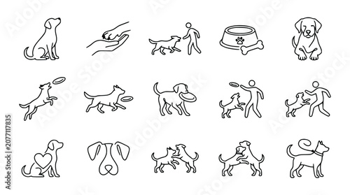 Fotografie Dog Line Art Icons: Playful Pups, Training, Pet Care, and Companionship