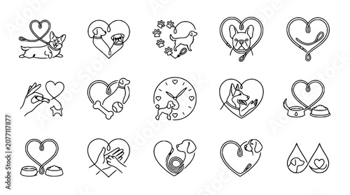 Canvastavla Dog Lover Heart Icons: Line Art Collection of Cute Canine Companions and Care