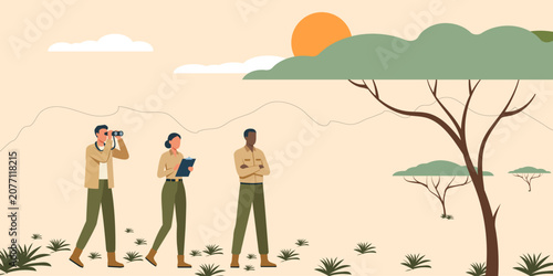 Safari Rangers Monitoring Wildlife Flat Vector Illustration